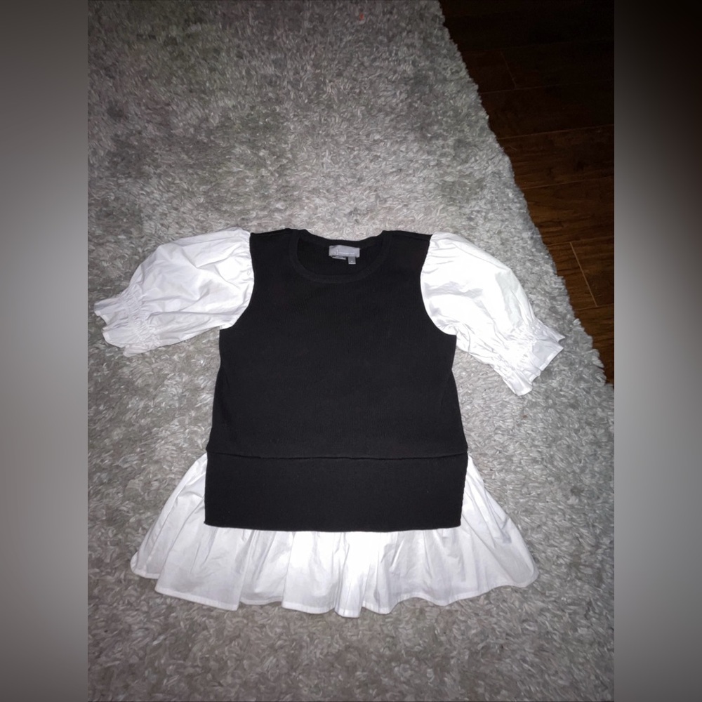 Anthropologie Layered Poplin-Sleeve Sweater Black Vest with White Puff Sz S
